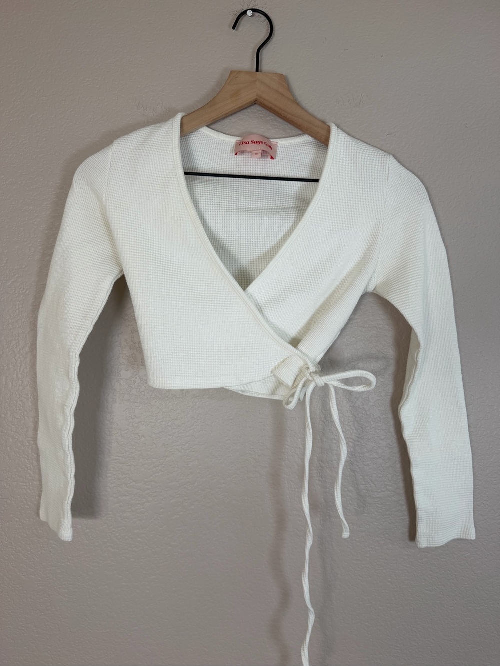 Lisa Says Gah White Lucille Thermal Waffle Knit Cotton Wrap Top size Small $78
